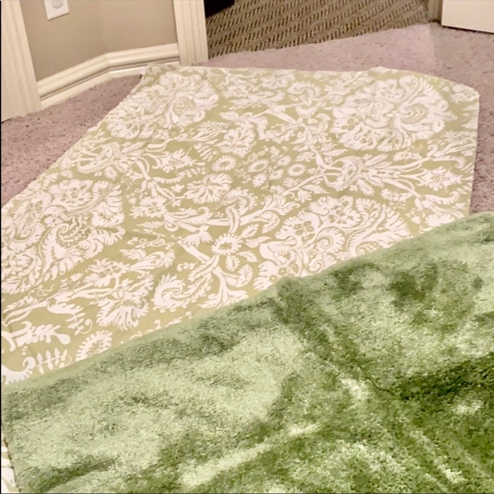 Green shower curtain and soft bath mat